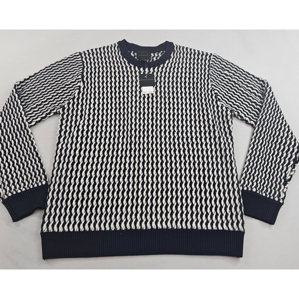 Magaschoni sweater men L Large navy white wool GM80101M striped $258